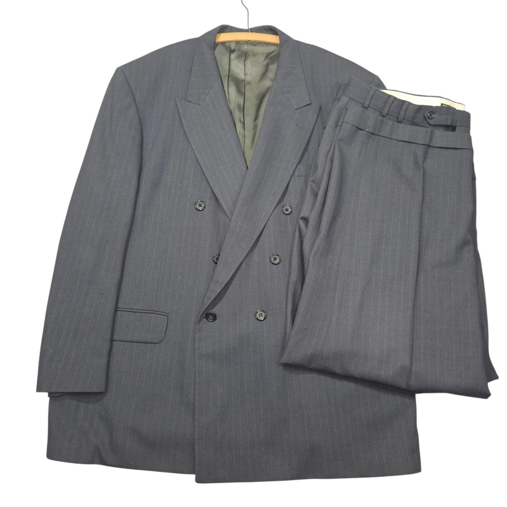VTG Oscar de la Renta Double Breasted Pinstripe Suit Grey Sz 46R 41x31